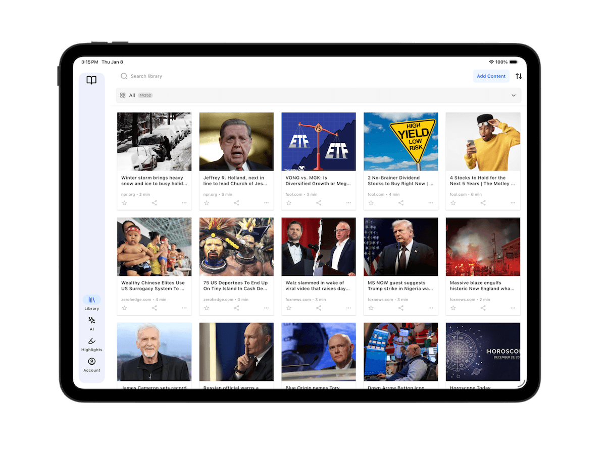 LibSpace iPad library view showing saved articles in grid layout